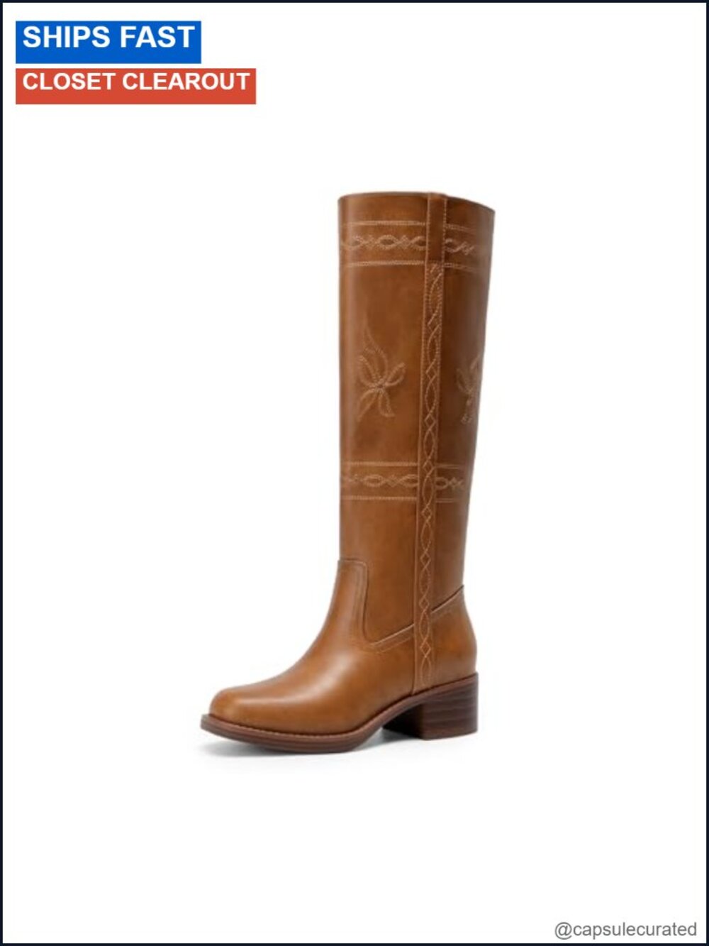 Vintage Embroidered Square Toe Slip-On Knee High Boots Faux Leather